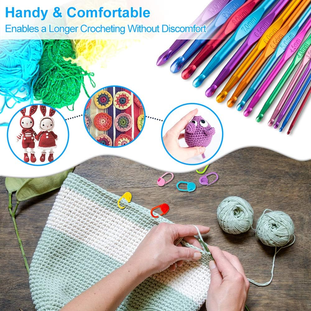 Vodiye 14 Sizes Crochet Hooks Set 2.0-10.0mm, Colorful Metal Crochet Needles Ergonomic Handle
