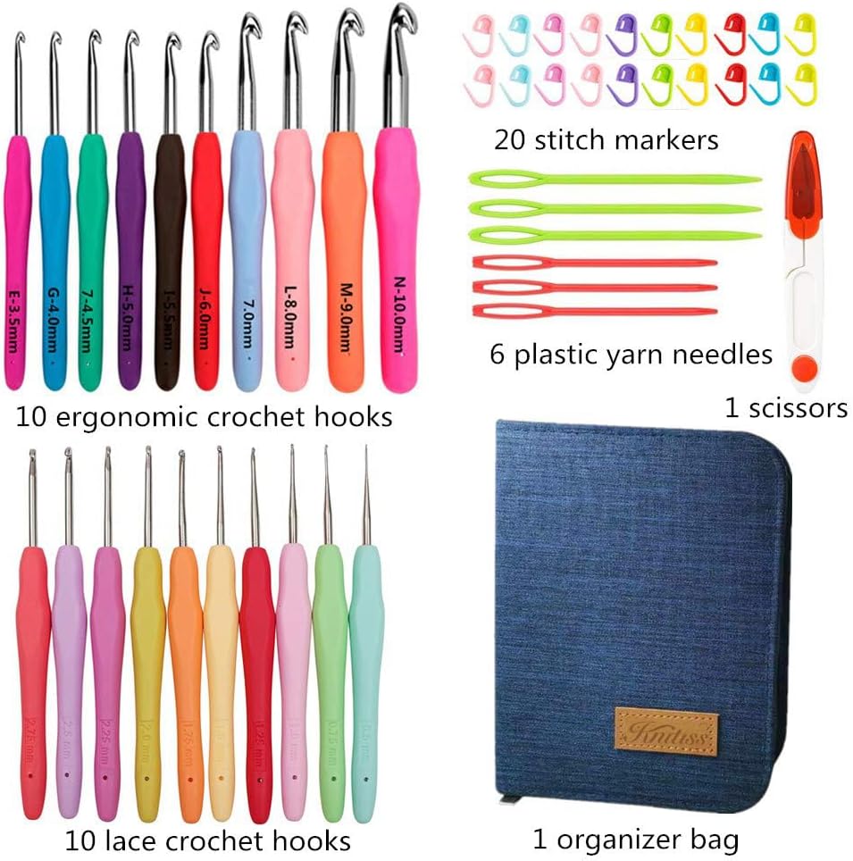 Knitiss 20 Sizes Crochet Hooks 0.5mm-10mm, Ergonomic Crochet Hooks Set with Case