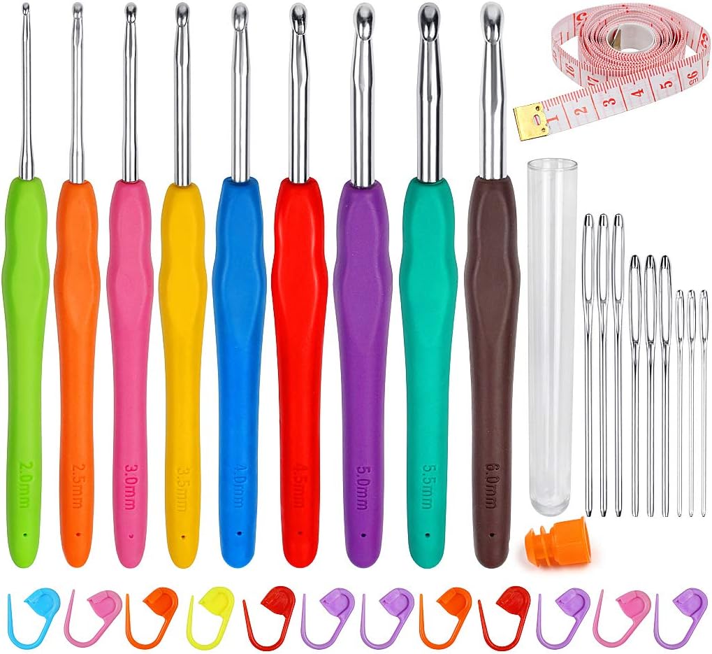 ZGTS Crochet Hooks Set, 9PCS Aluminum Knitting Needles Kit Ergonomic Soft Grip Handle