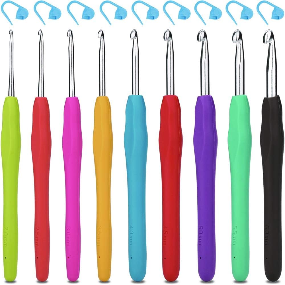 H&S Crochet Hooks Set 9pcs Aluminium Soft Grip Rubber Handle Needles with Pouch Case
