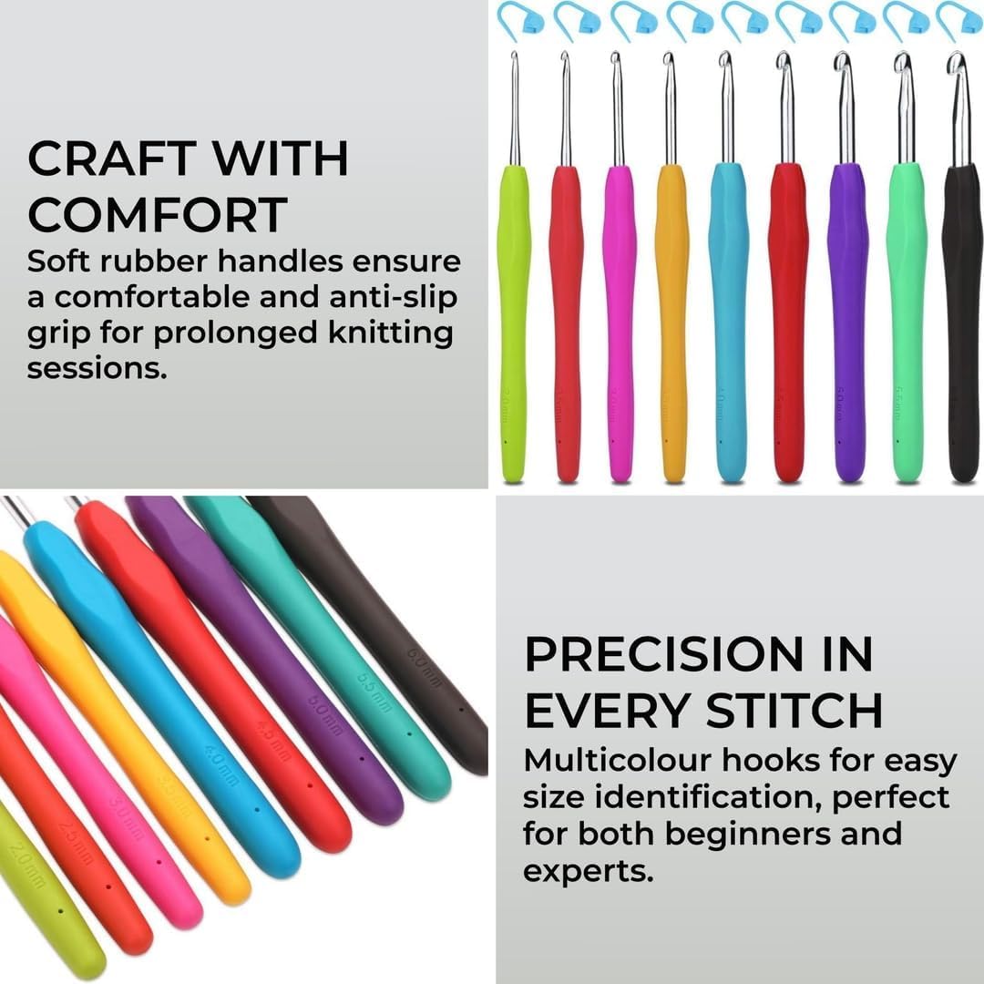 H&S Crochet Hooks Set 9pcs Aluminium Soft Grip Rubber Handle Needles with Pouch Case