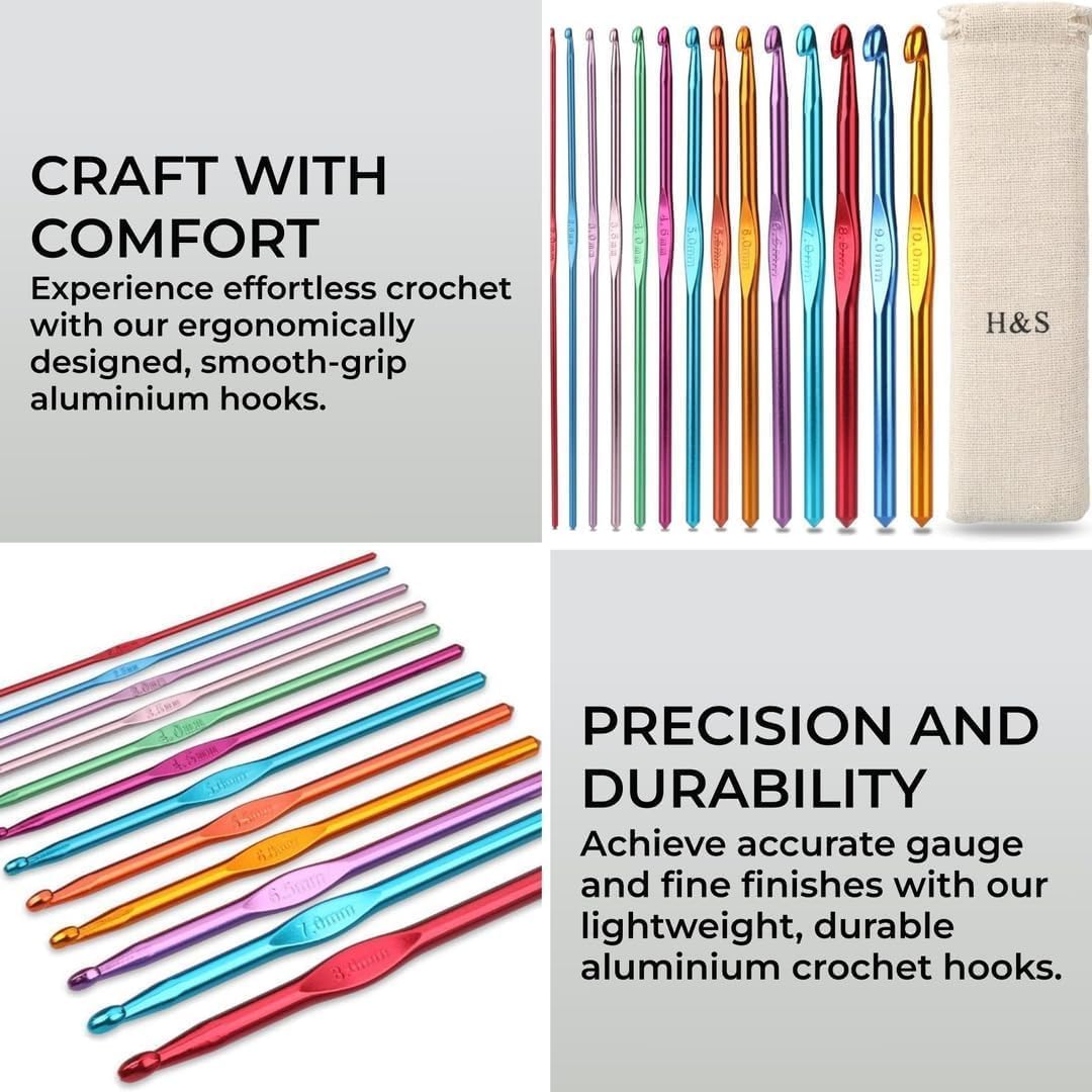 H&S Crochet Hooks Set & Needles Aluminium with Pouch Case for Beginners