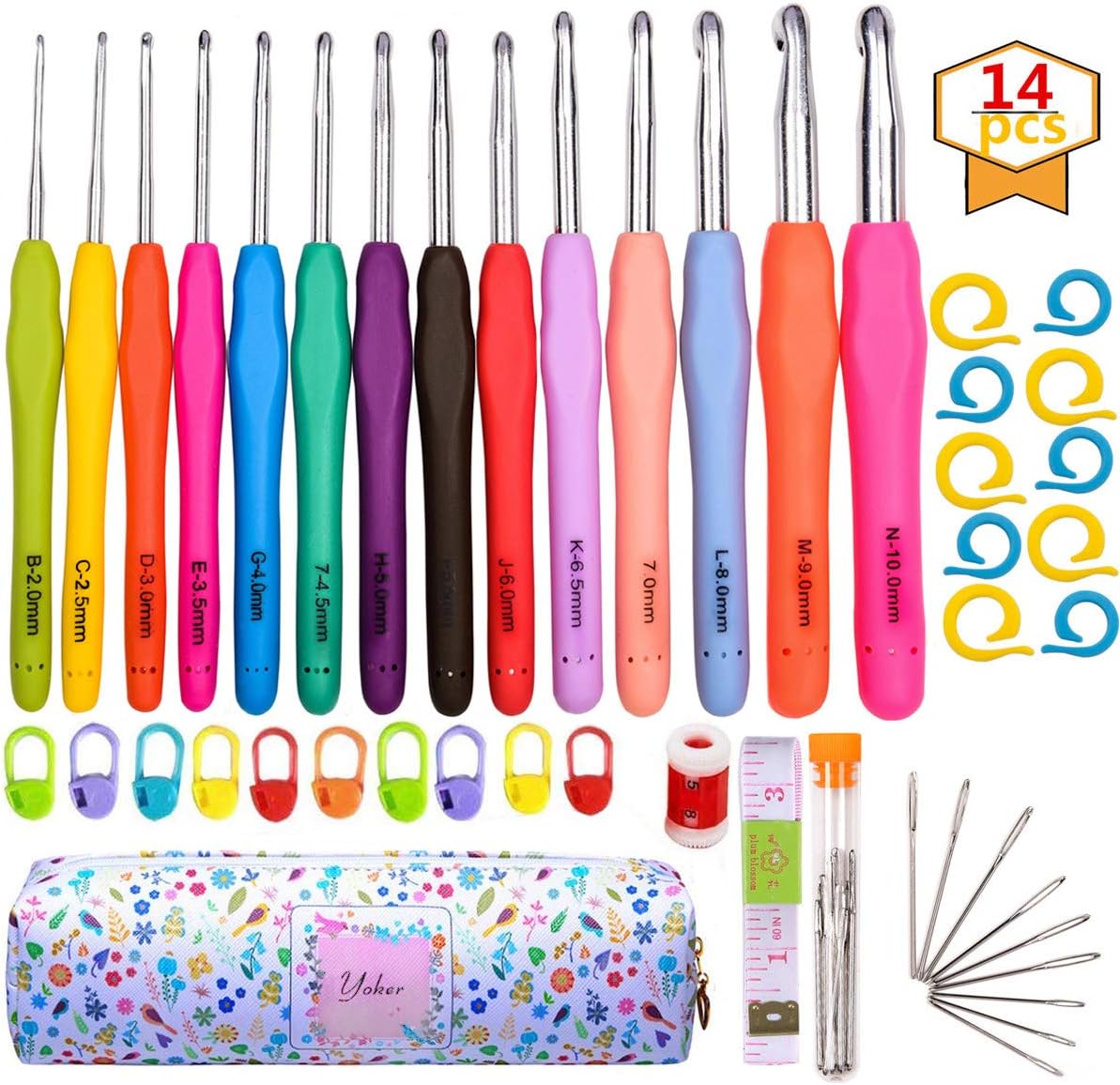 Crochet Hooks Set, 14 Sizes 2mm-10mm Ergonomic Crochet Needles with Case for Arthritic Hands