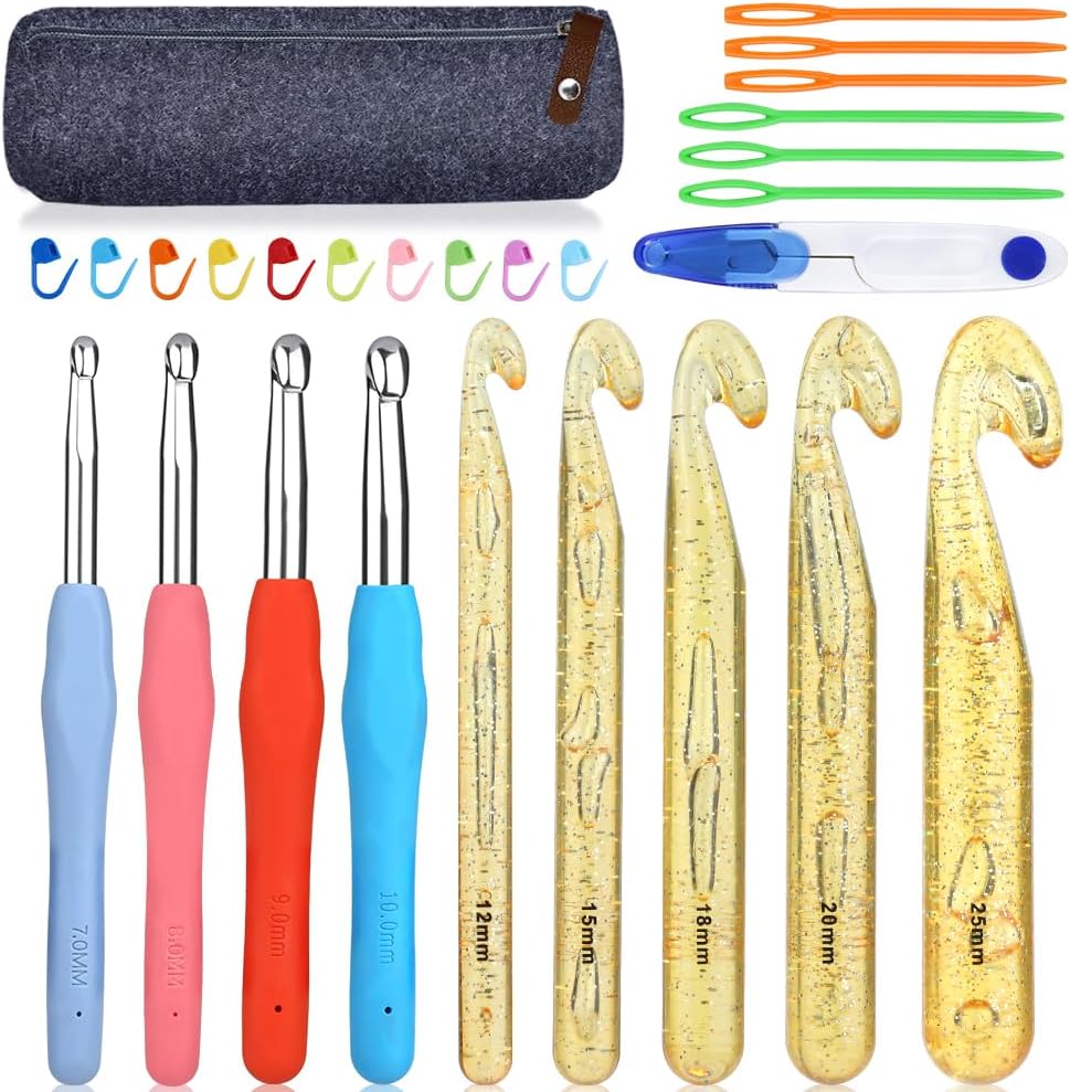 JUPEAN Crochet Hook Set 5 Sizes Large Crochet Hooks and 4 Sizes Ergonomic Soft Grip Hooks