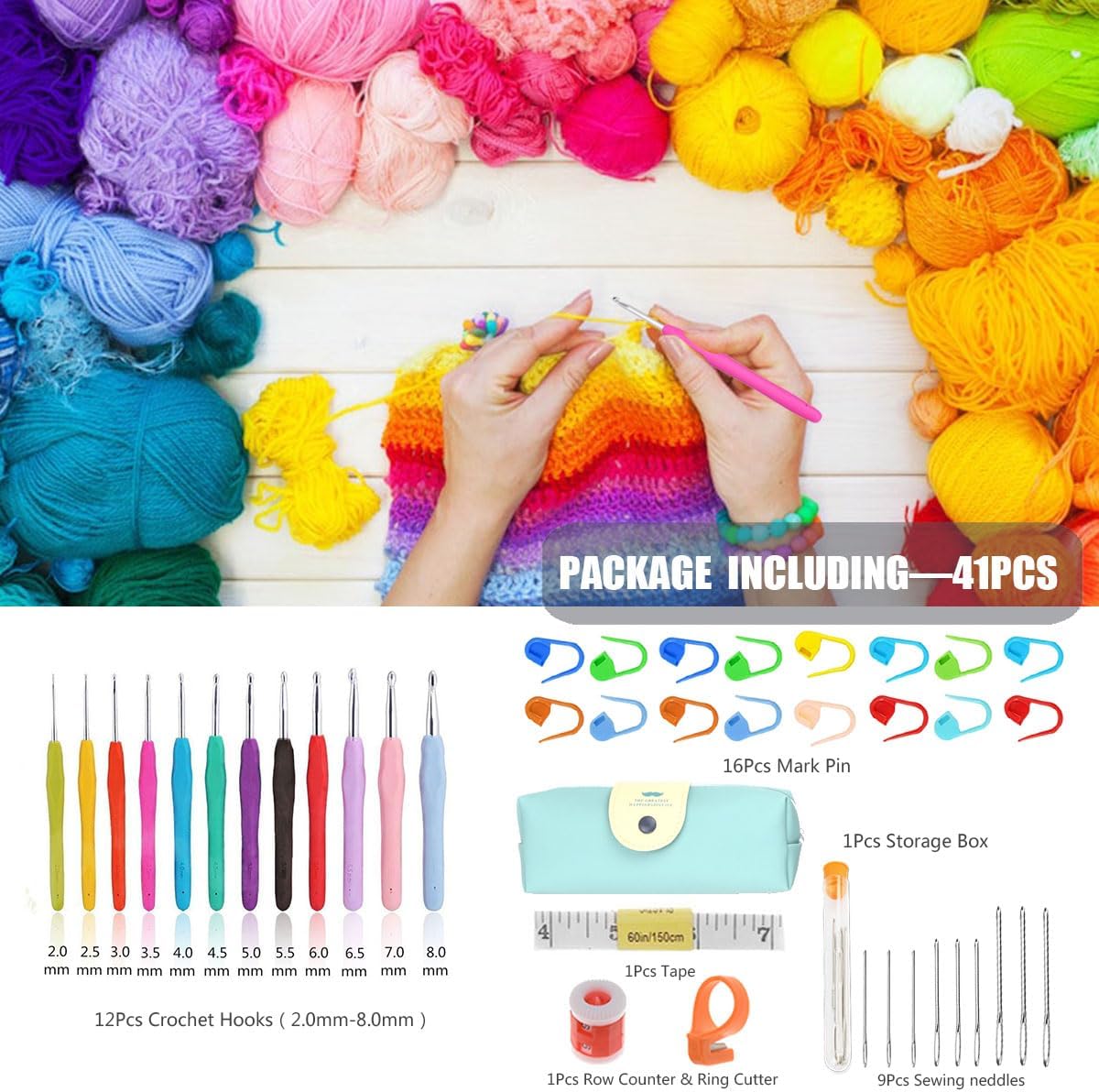 41 Pack Crochet Hooks Set, Knitting Accessories Tools with Case, Aluminum Ergonomic Soft Grip