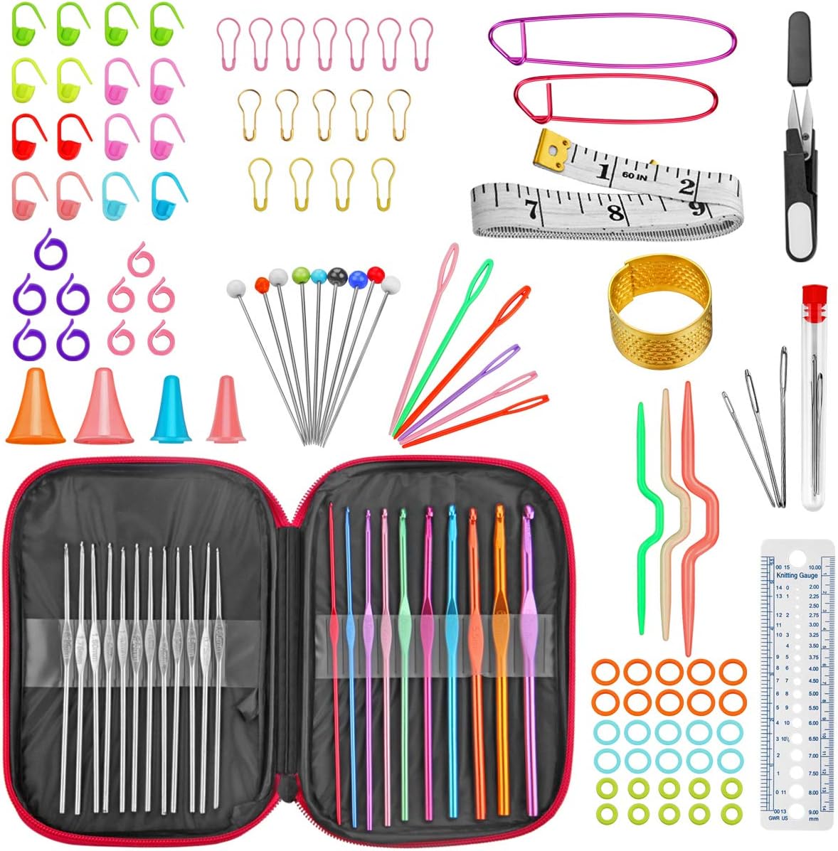 100 Pcs Crochet Hook Set with Yarn Knitting Needles Sewing Tools Full Set Knit Gauge Scissors
