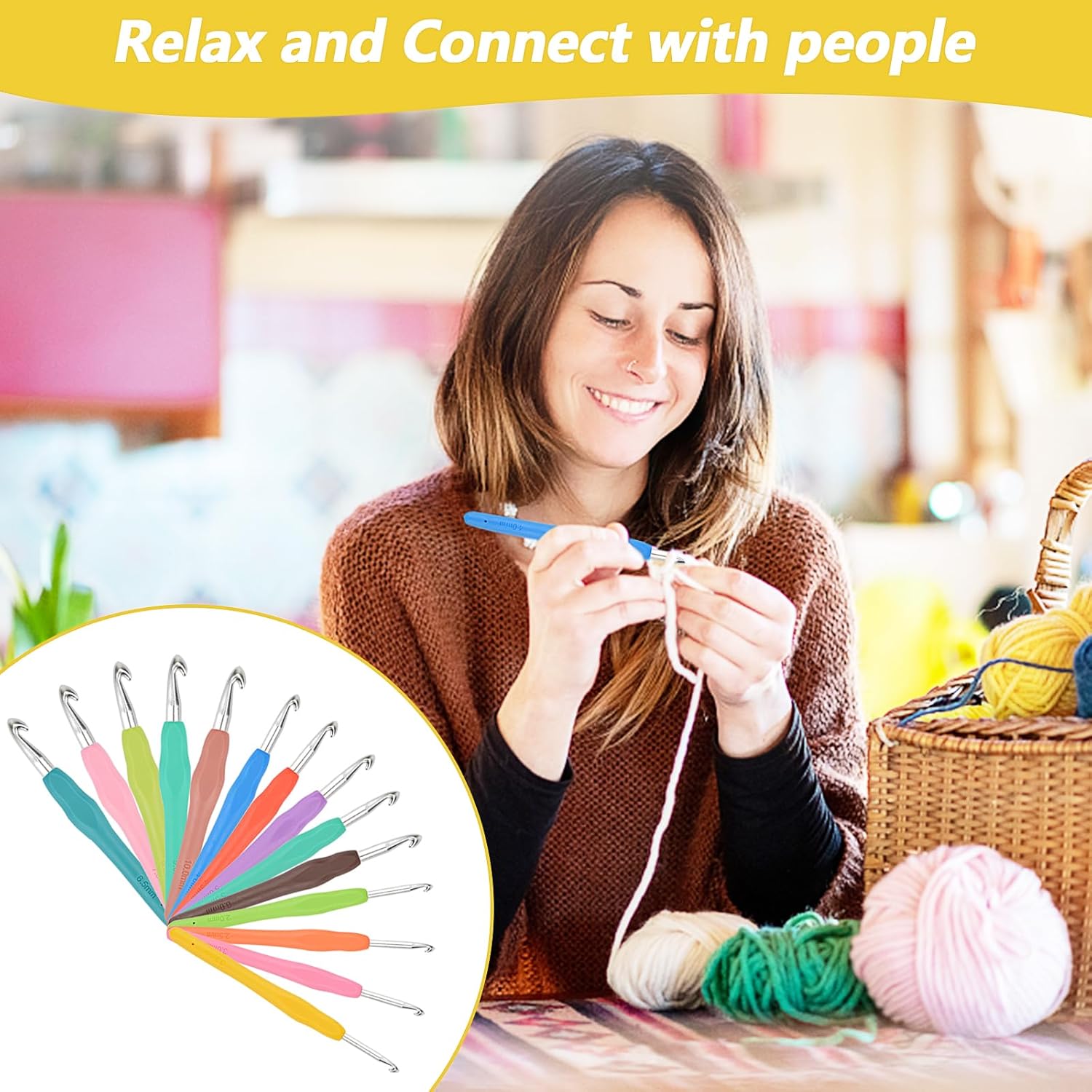 Crochet Hooks Set 54 Pack, Moseem 14 Pcs Colorful Ergonomic Comfort Rubber Soft Grip Needles