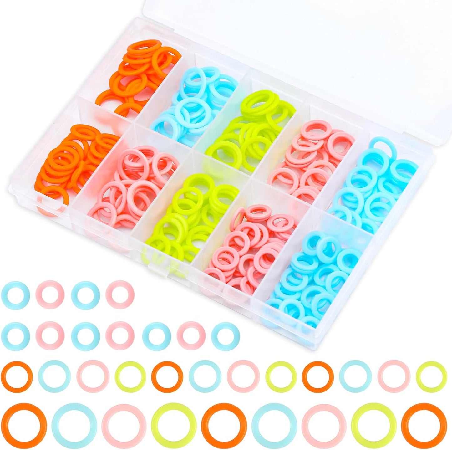 LUNARM 220 Pcs Knitting Stitch Marker, Random Colors O-Rings with Storage Box