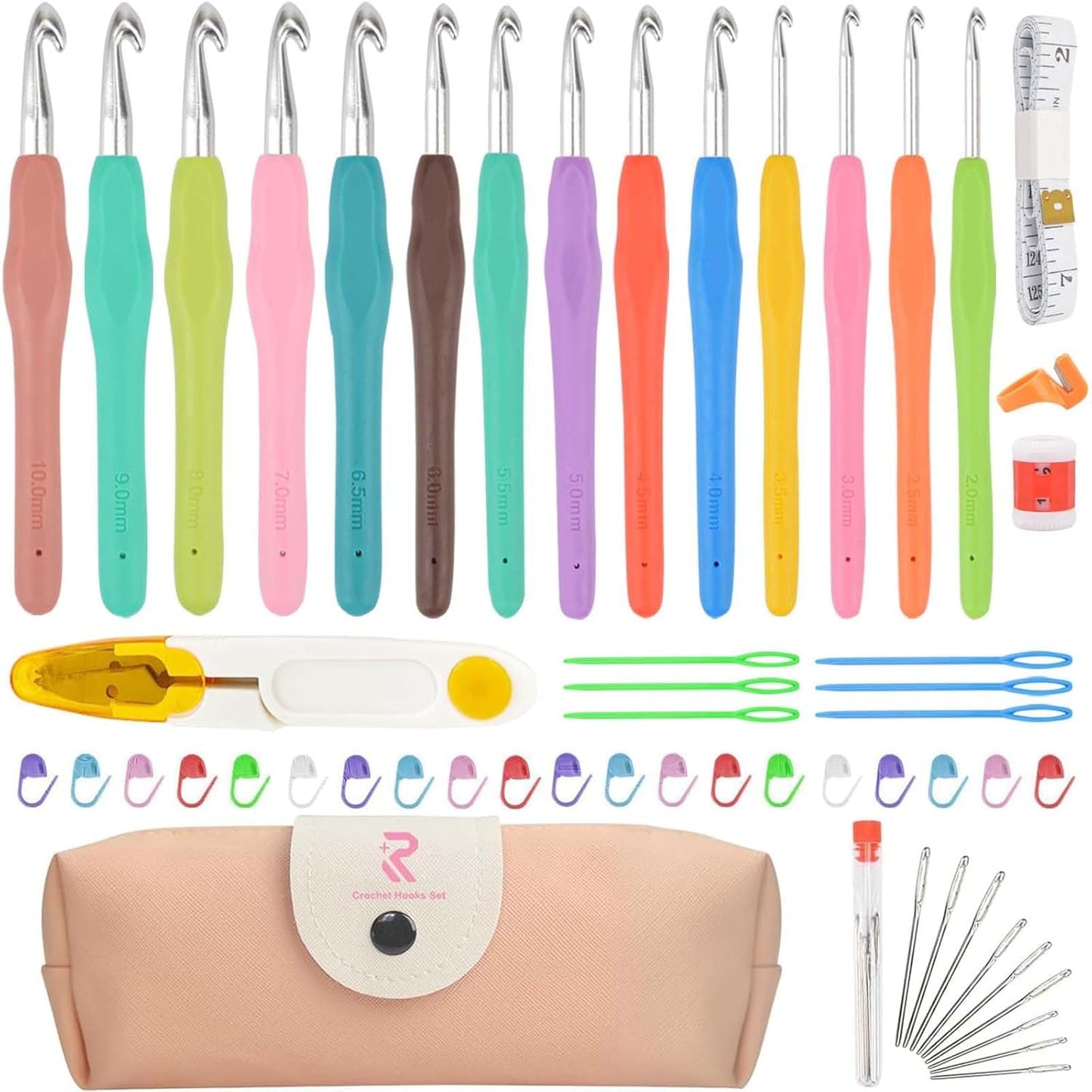 Crochet Hooks Set 54 Pack, Moseem 14 Pcs Colorful Ergonomic Comfort Rubber Soft Grip Needles