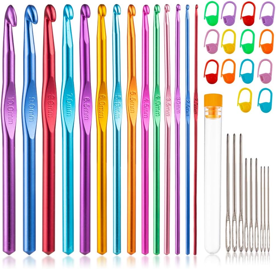 Vodiye 14 Sizes Crochet Hooks Set 2.0-10.0mm, Colorful Metal Crochet Needles Ergonomic Handle