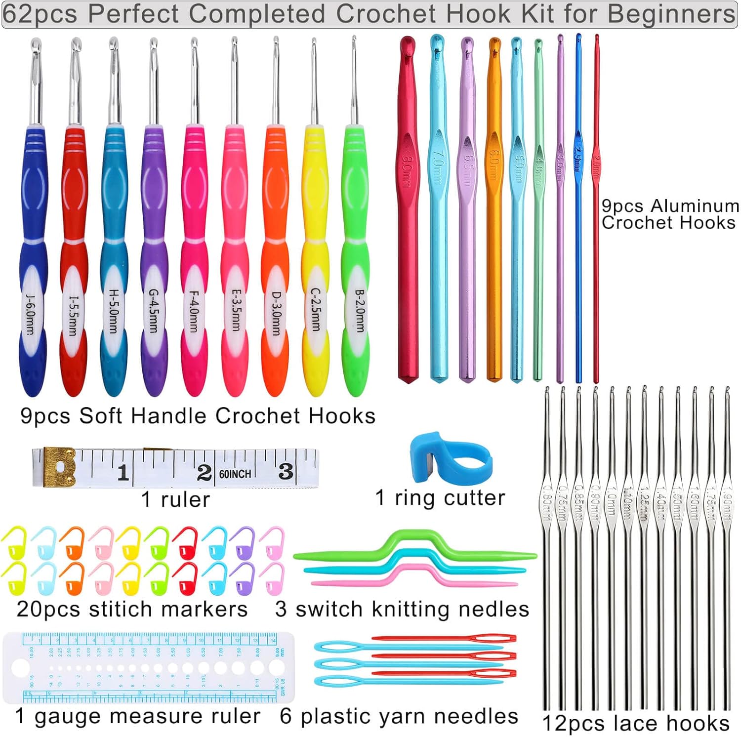 Looen New Set Crochet Hooks with Case, 9 pcs Rubbery Handles Hooks 2.0MM-6MM