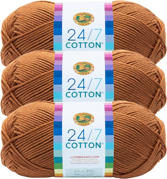 Lion Brand 24/7 Lightweight Cotton Yarn for Knitting and Crocheting, Camel, Pack of 3