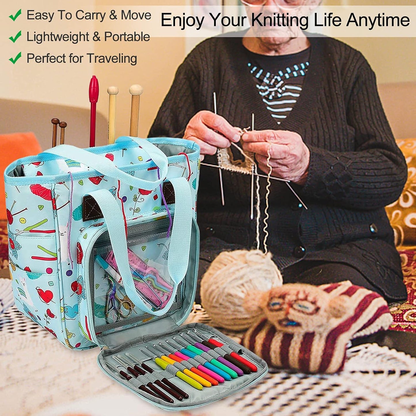Coopay Craft Bag for Crochet Knitting, Yarn Organizer Travel Storage Bag