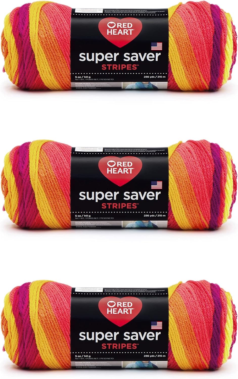 Red Heart Super Saver Fruity Stripe Yarn - 3 Pack of 141g/5oz - Acrylic Worsted
