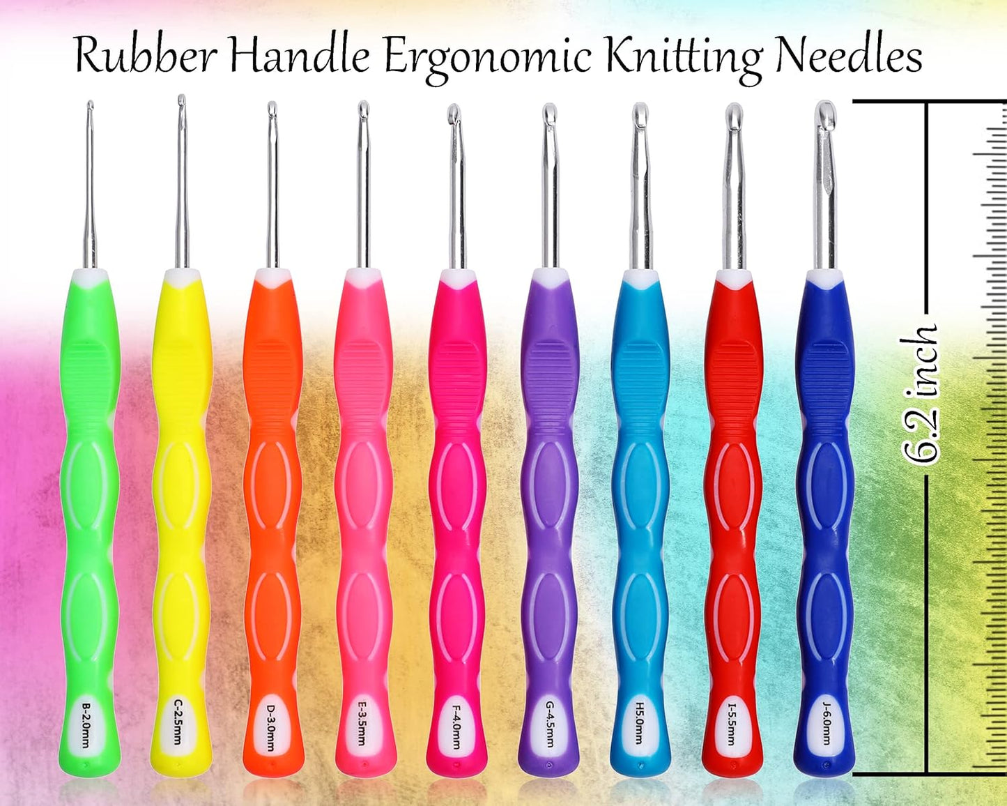 LOOEN 64Pcs Crochet Hook Set, 9 Pcs Ergonomic Rubbery Handle Hooks 2.0MM-6MM and Accessories