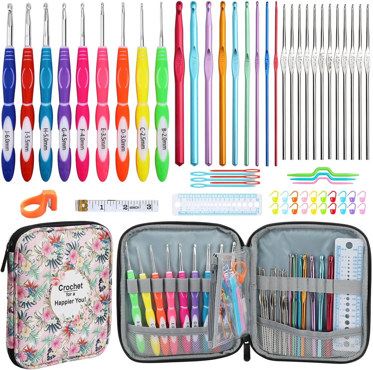 Looen New Set Crochet Hooks with Case, 9 pcs Rubbery Handles Hooks 2.0MM-6MM