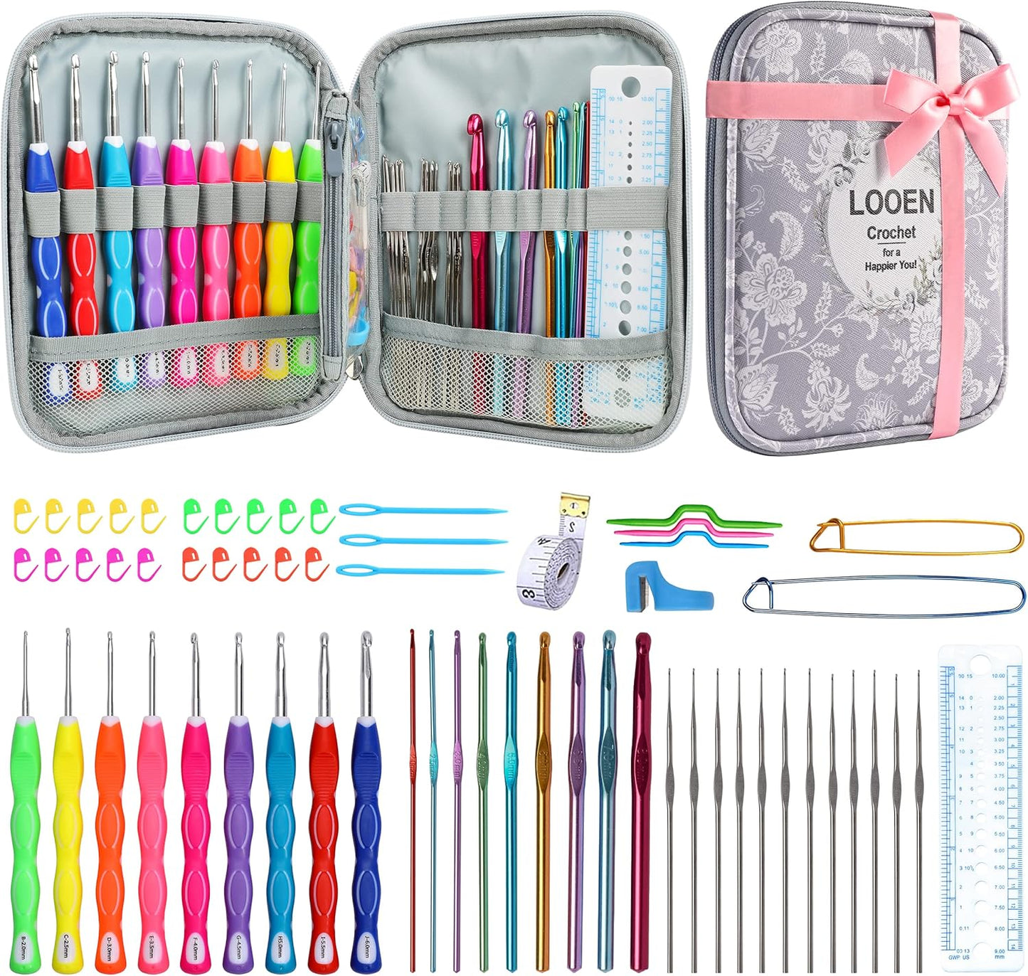 LOOEN 64Pcs Crochet Hook Set, 9 Pcs Ergonomic Rubbery Handle Hooks 2.0MM-6MM and Accessories